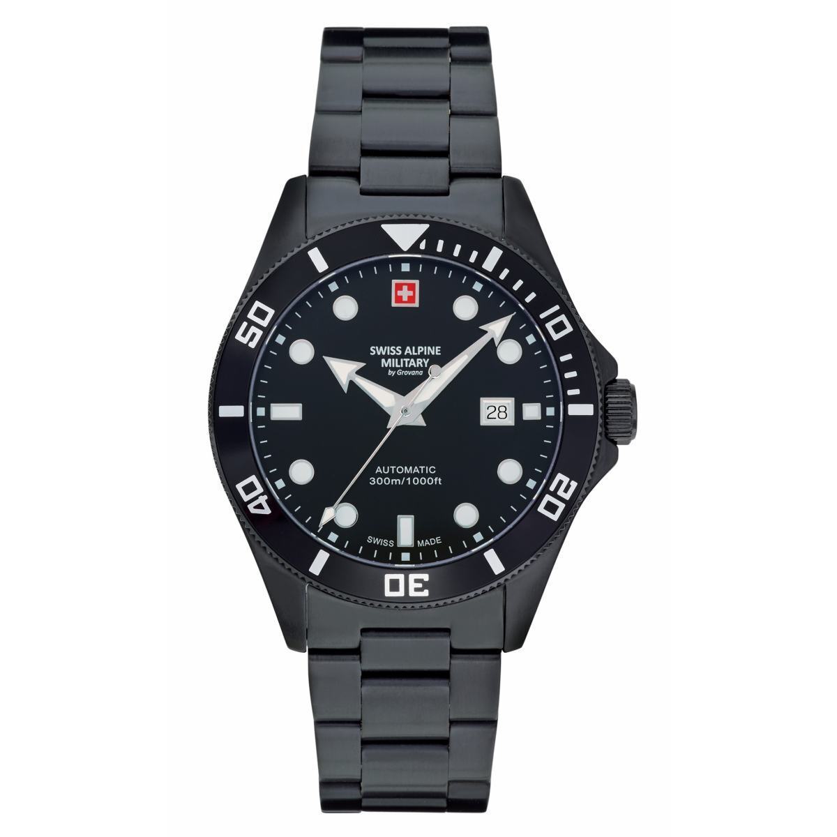Sort Swiss Alpine Military Diver Automatic Black Steel Herreur - Herreure  - 761175176758